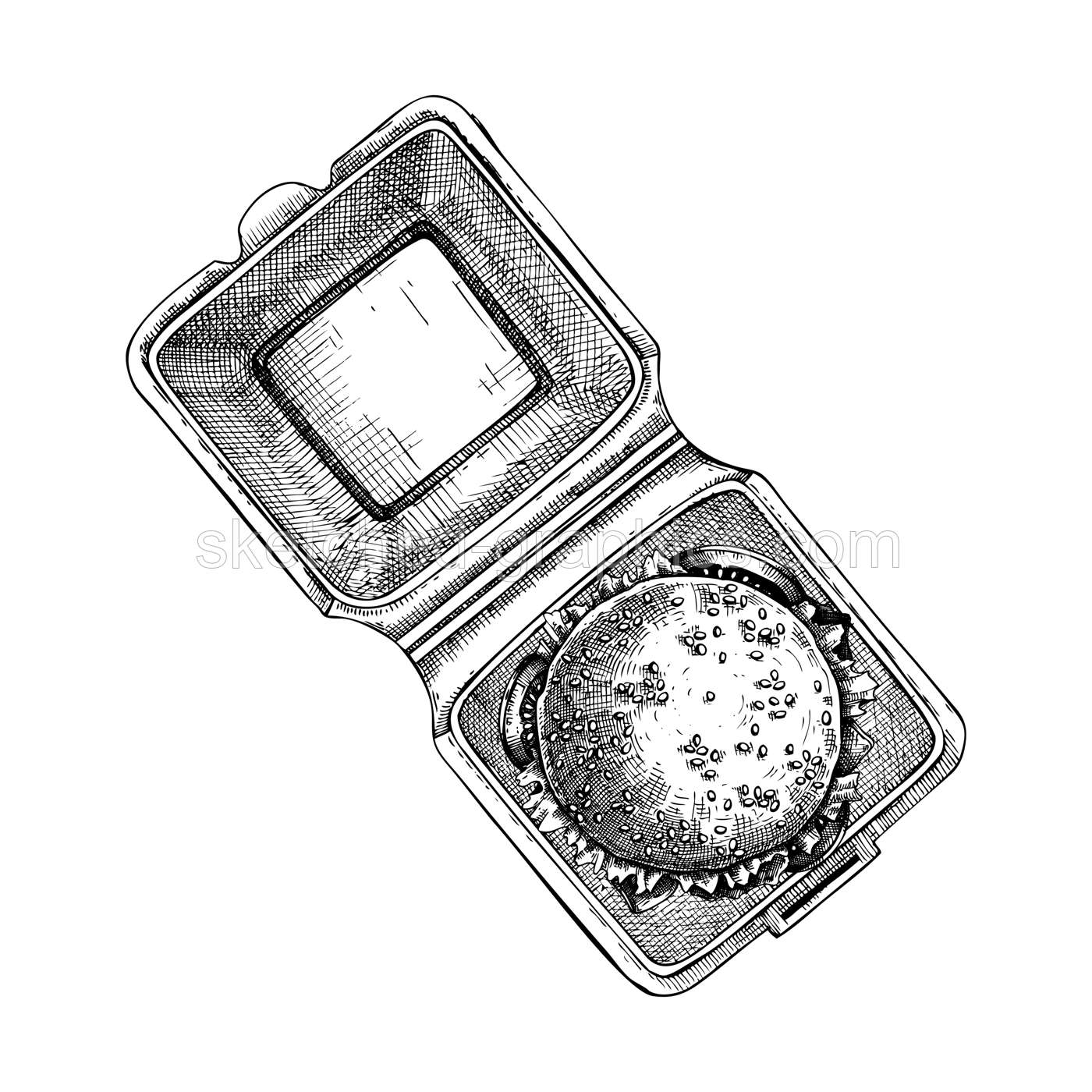 Top view burger in plastic box sketch. Hand-drawn vector illustration. Vintage fast food drawing. Food delivery design element. Take away box package Illustration